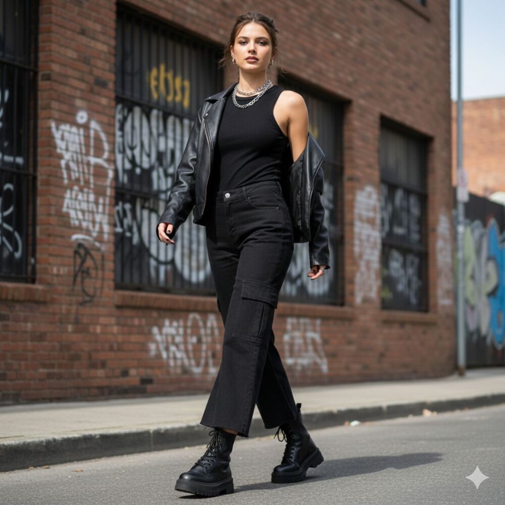 Annie Wear Raw Hem Black Cargo Wide Leg Cropped Jeans Edgy Utility Streetwear M